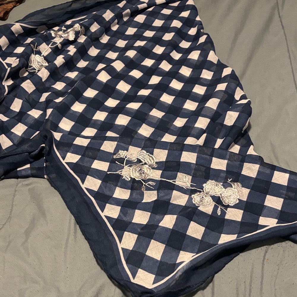 44” Square Blue and White Checked Scarf with Embroidery and Tassels